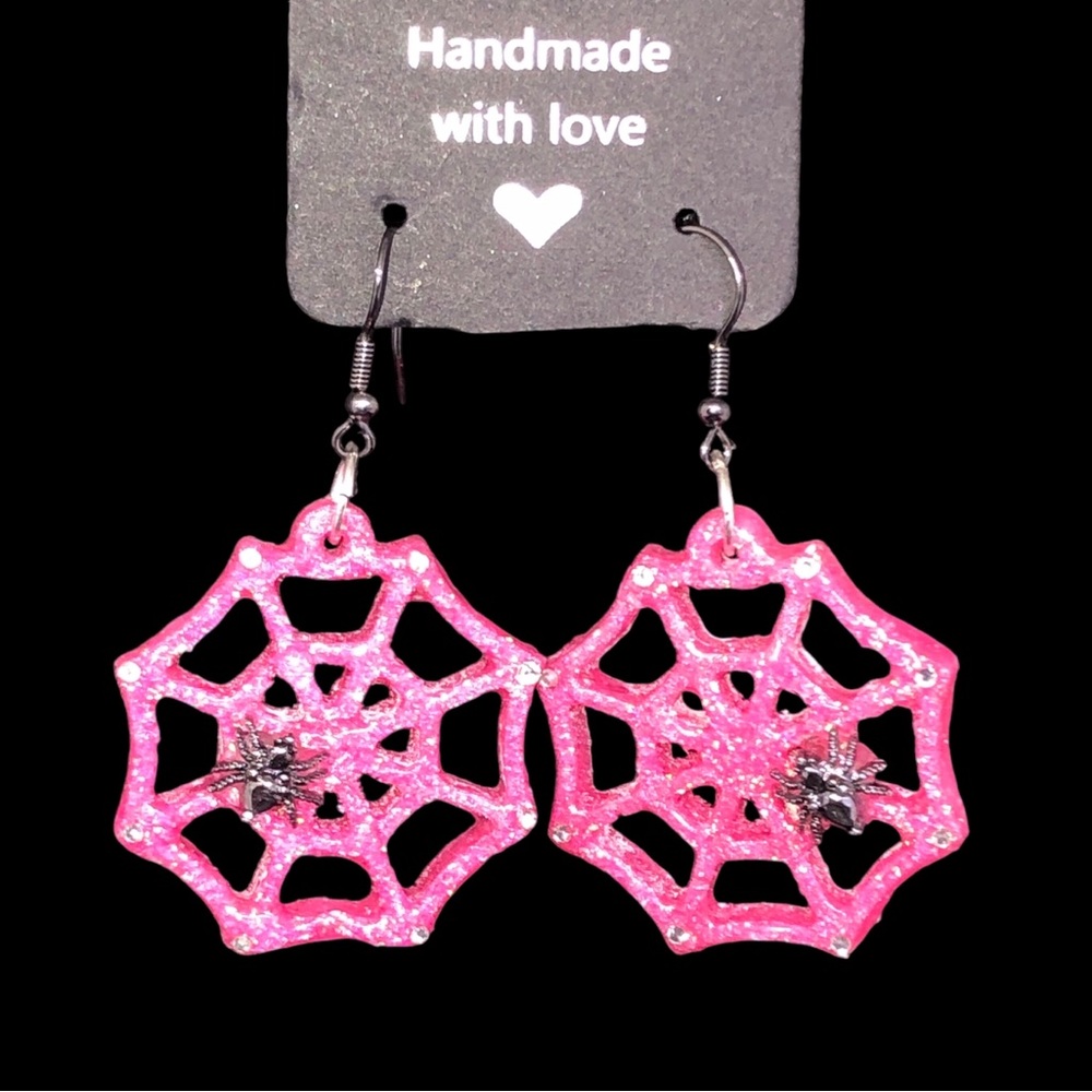 Handmade Pink Spiderweb Earrings Spider Web + Metal Spider Charm Pink Sp…